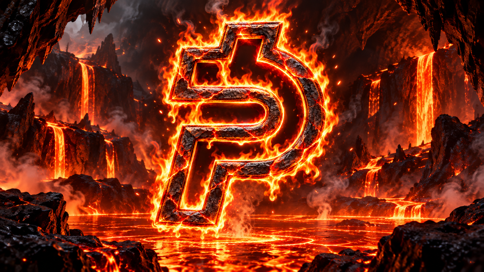 The Lava Paid emblem above a molten lava river in a volcanic cavern