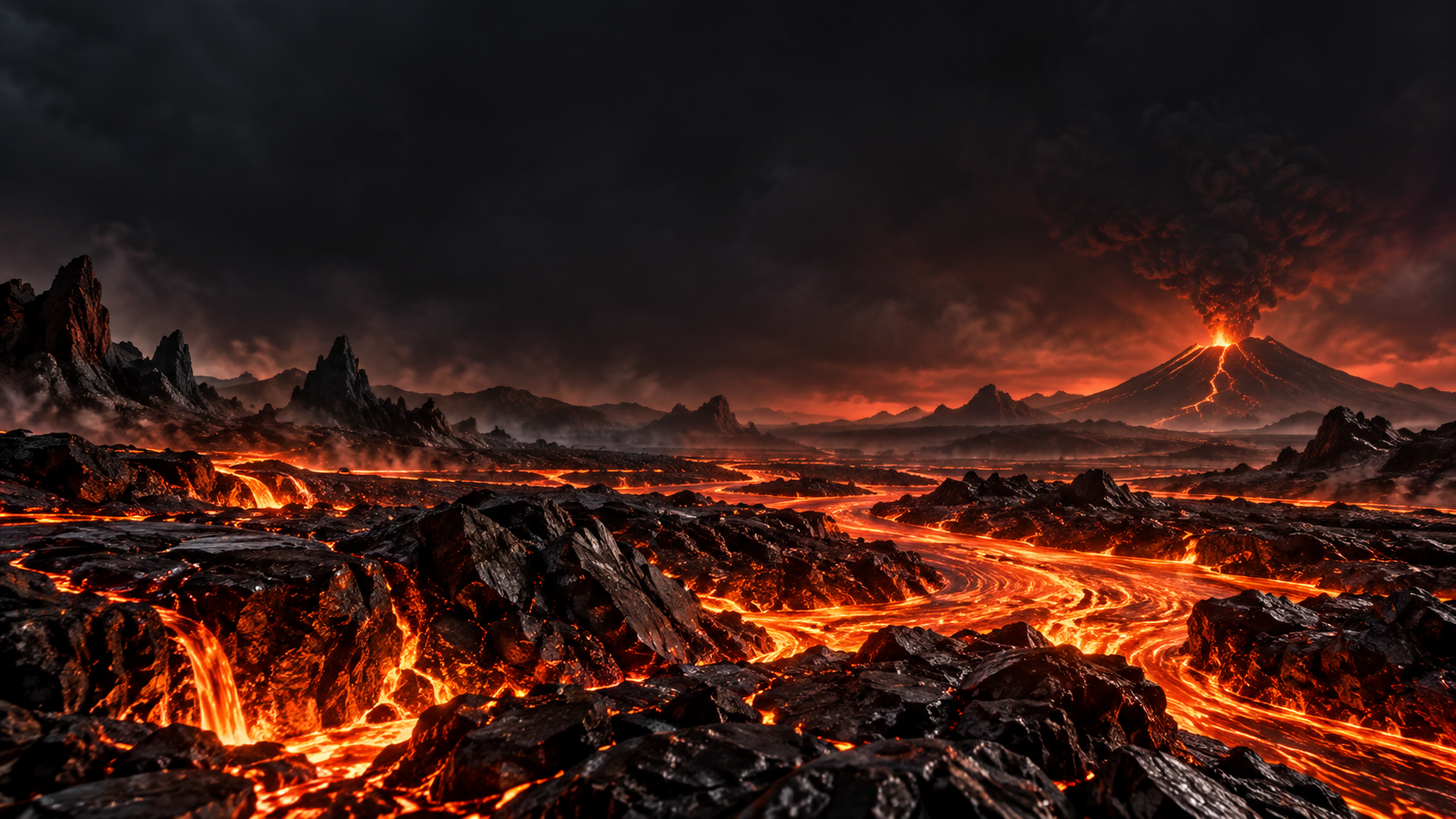 Glowing molten lava winding through dark volcanic rock