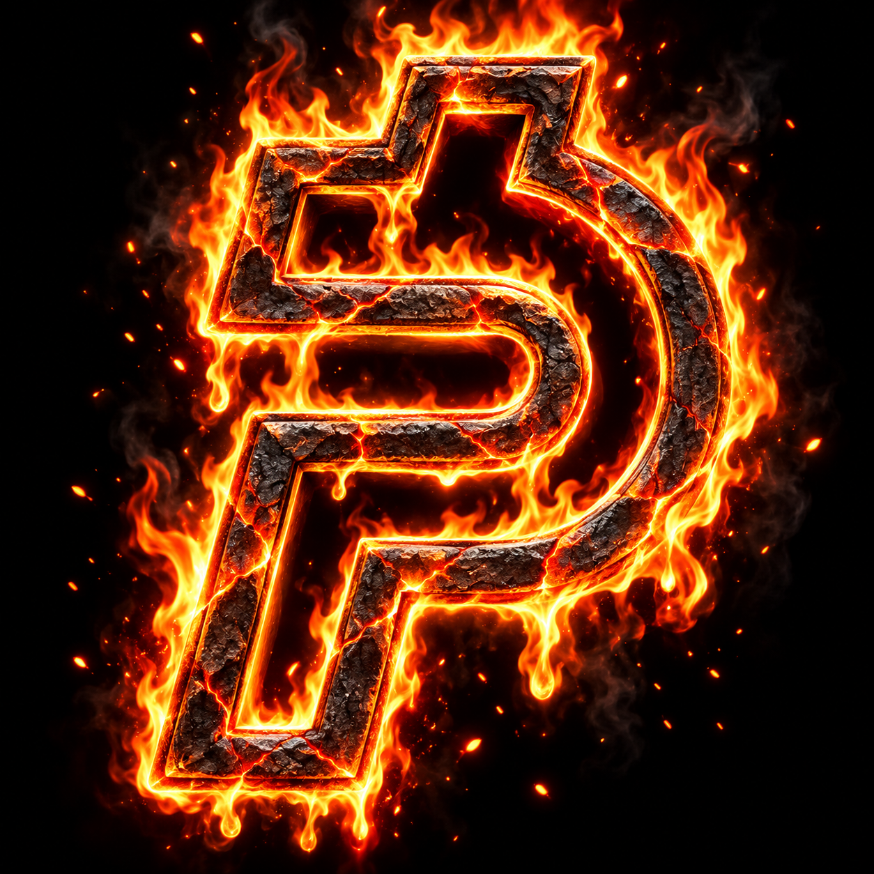 Lava Paid emblem forged from volcanic rock with glowing lava cracks and flames
